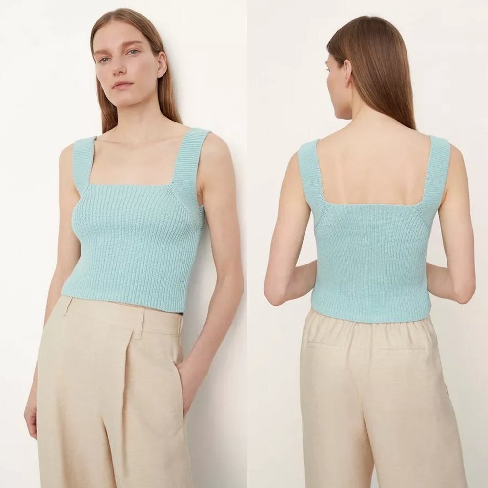 NWT New $245 Vince Knit Square-Neck Pale Blue Cotton Camisole Top Size M